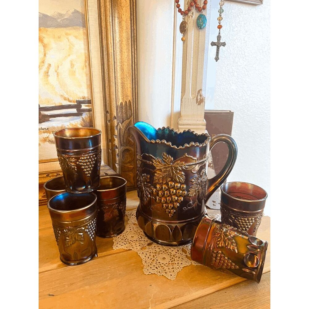 Vintage Northwood Grape & Cable Carnival Glass Water Set, Pitcher with 6 Tumbler